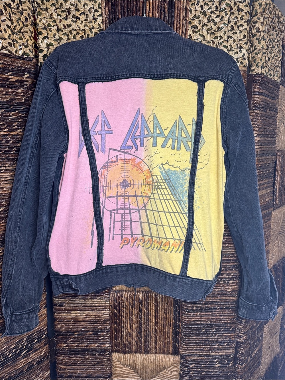 Upcycled Def Leppard Pyromania Graphic Denim Jacket - Pink & Yellow Back Panel